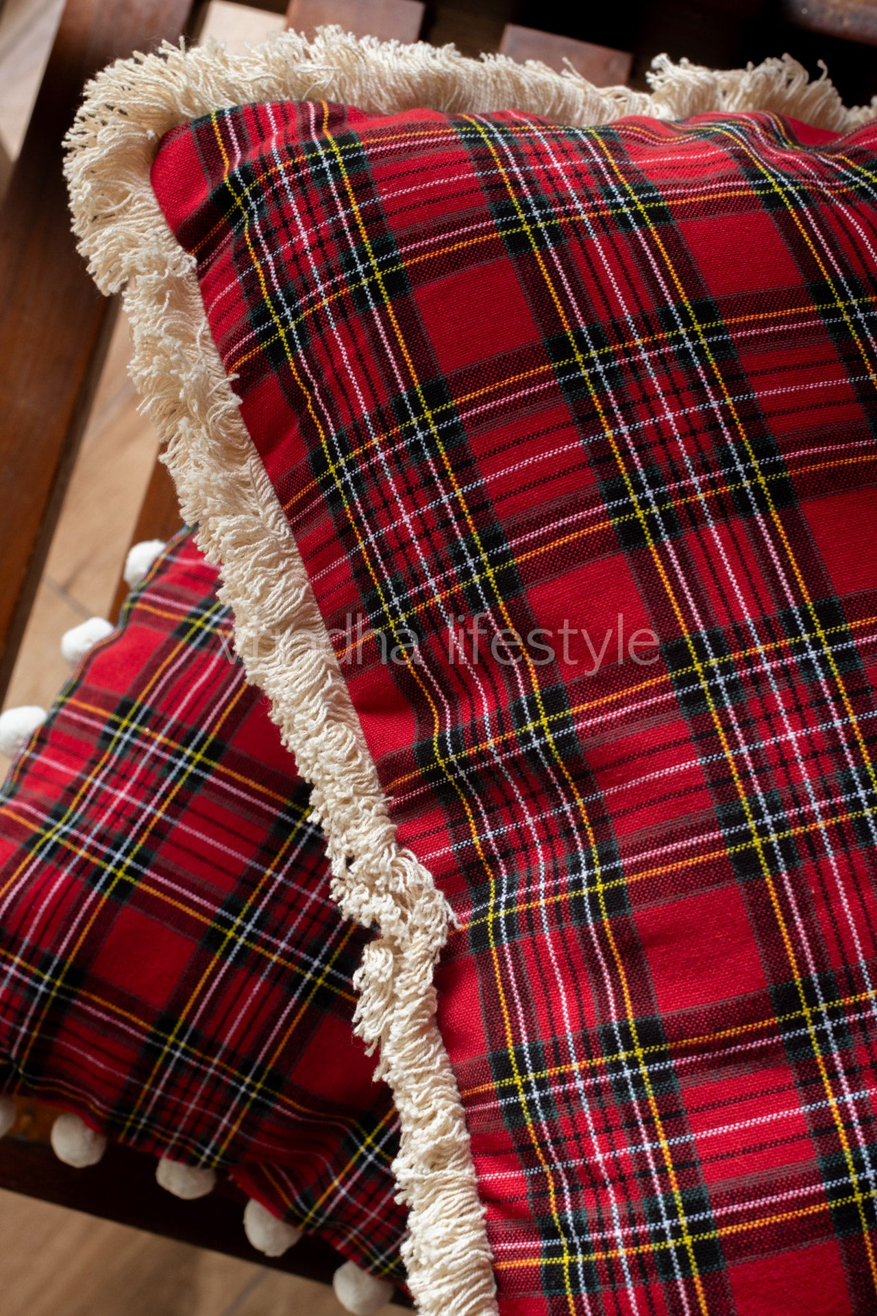 PLAID CUSHION COVER with fringe lace detailing -single unit