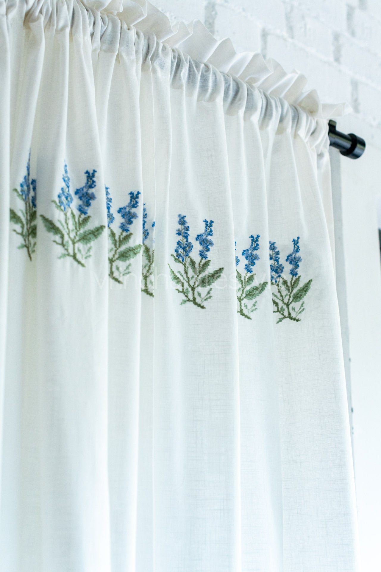 COTTON SHEER CURTAINS with cross stitch embroidery -7 Feet-Single unit(Customisable )-Rod pocket curtain