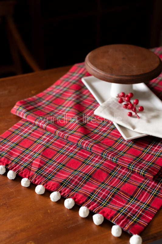 TABLE RUNNER-woven cotton with pompom-16x60 inches-4 seater-customisable