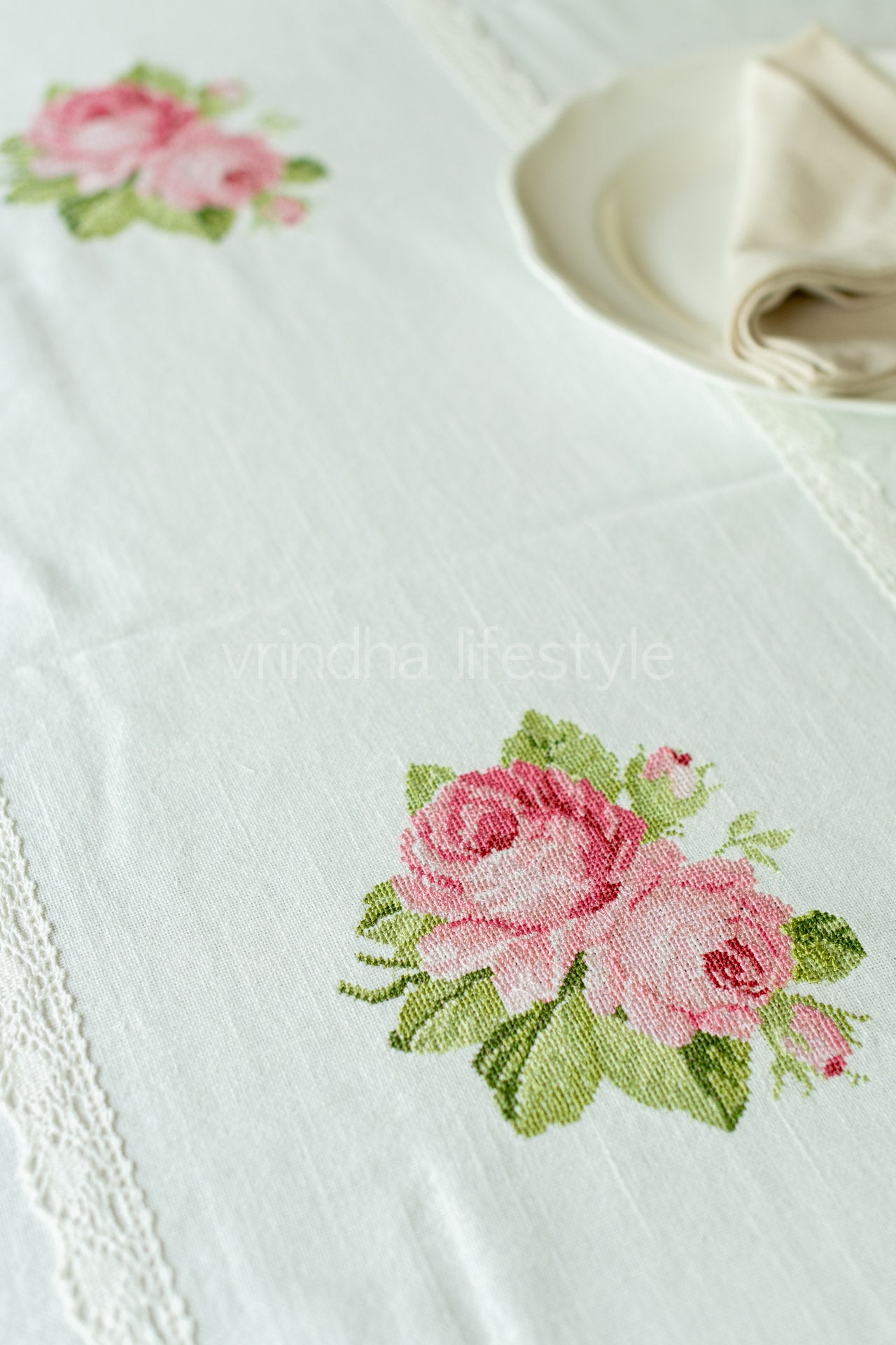 COTTON TABLE CLOTH with embroidery and lace detailing -8 seater-customisable