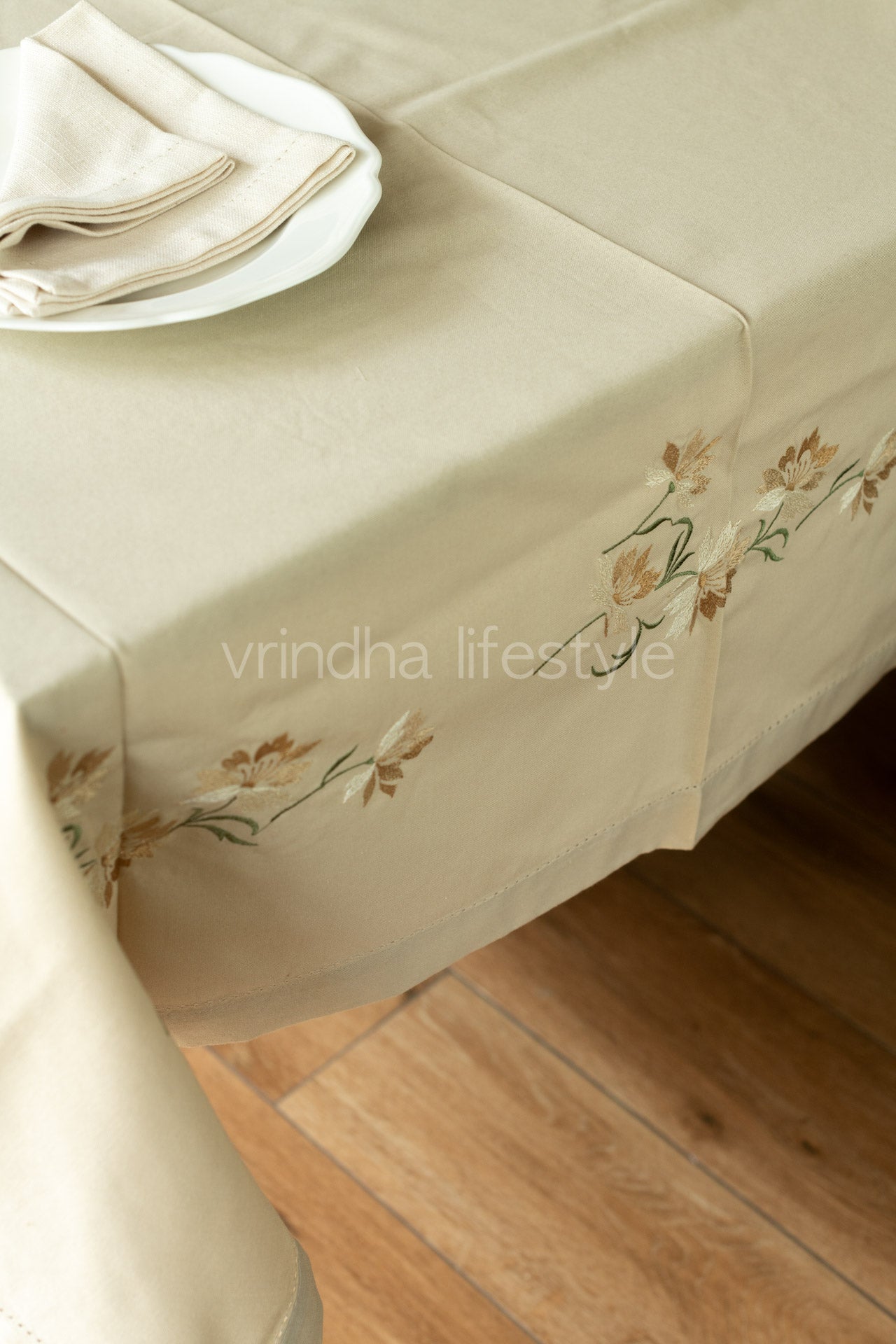 COTTON TABLE CLOTH with embroidery and hem stitch-6 seater -customisable