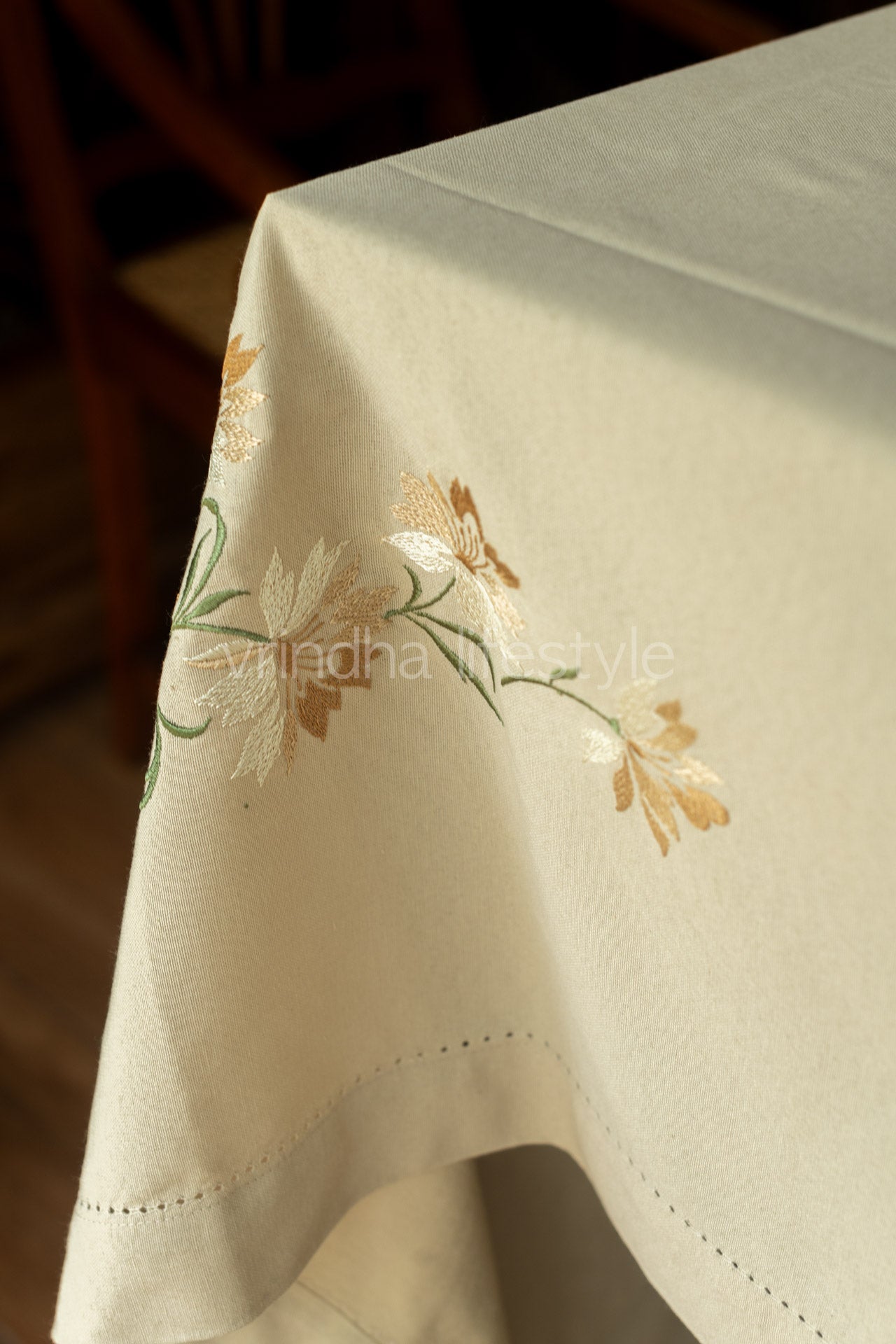 COTTON TABLE CLOTH with embroidery and hem stitch-6 seater -customisable
