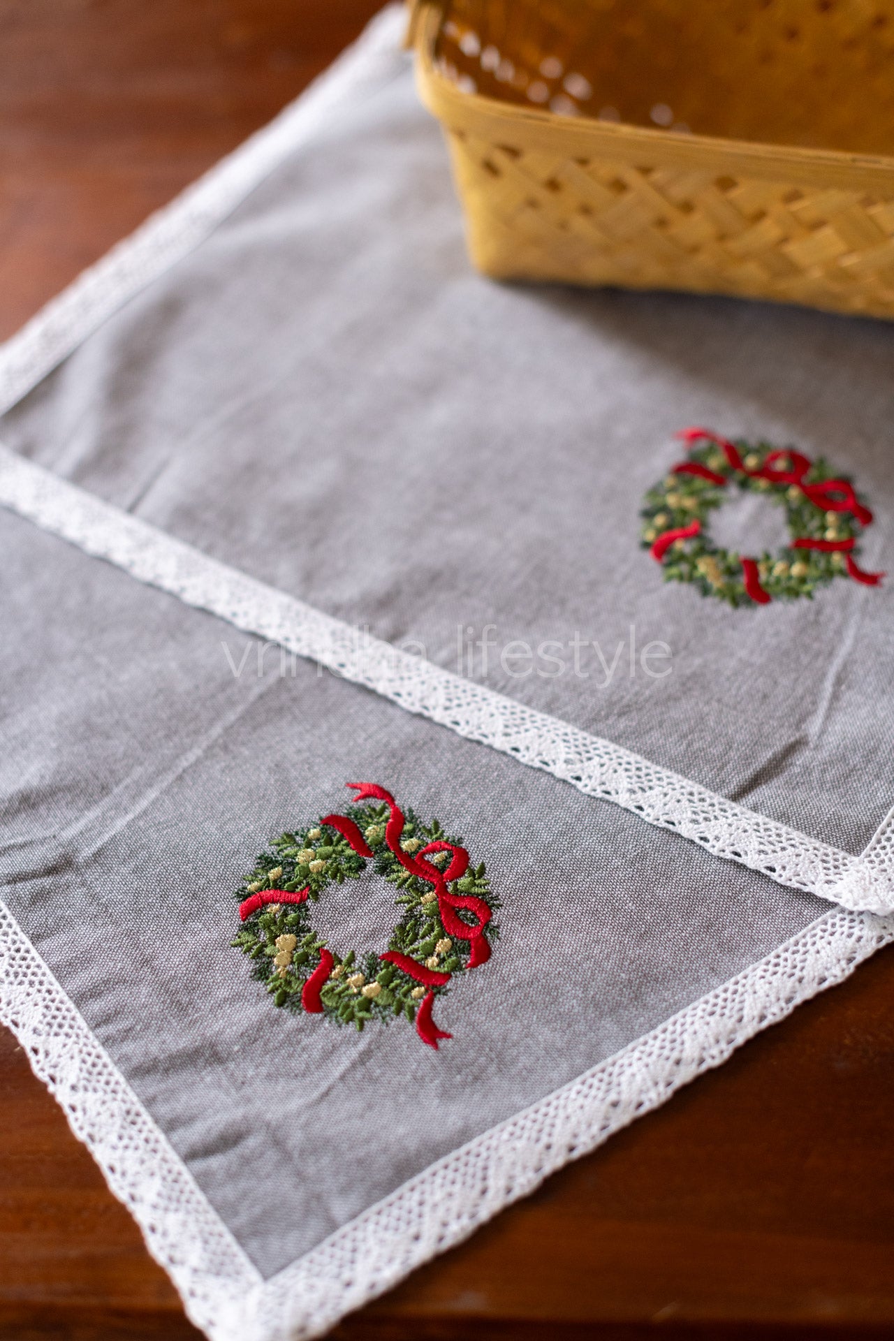 Cotton tray mat with embroidery and lace detailing-Set of two