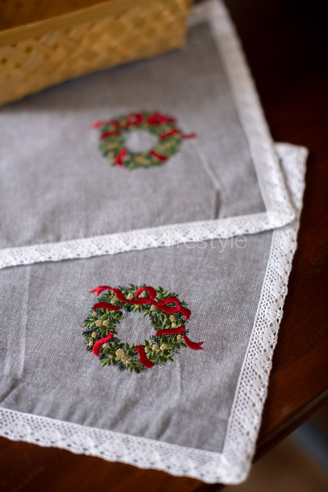 Cotton tray mat with embroidery and lace detailing-Set of two