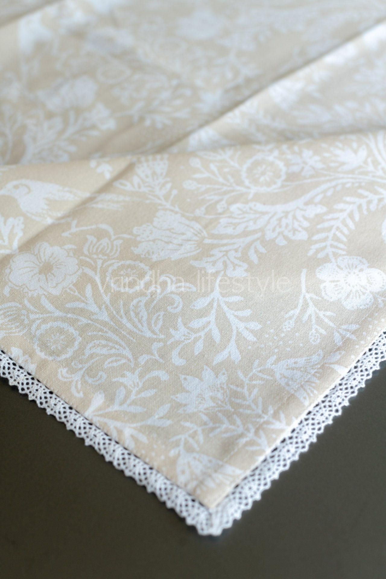 Cotton printed table cover with lace detailing-coffee table