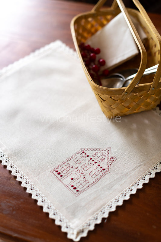 Cotton tray mat with embroidery and lace -customisable