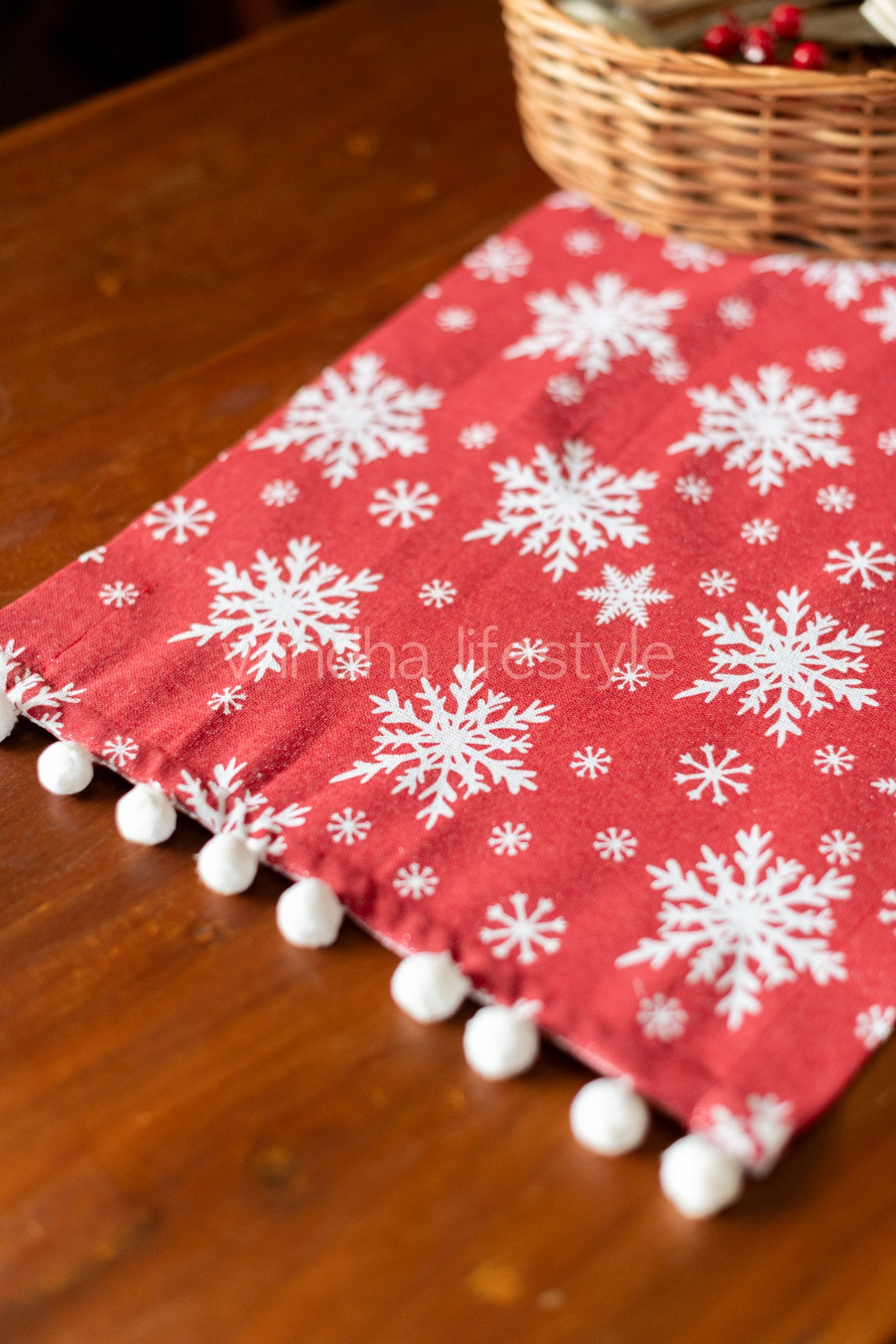 TABLE RUNNER-printed cotton lurex with pompom-16x60 inches-4 seater