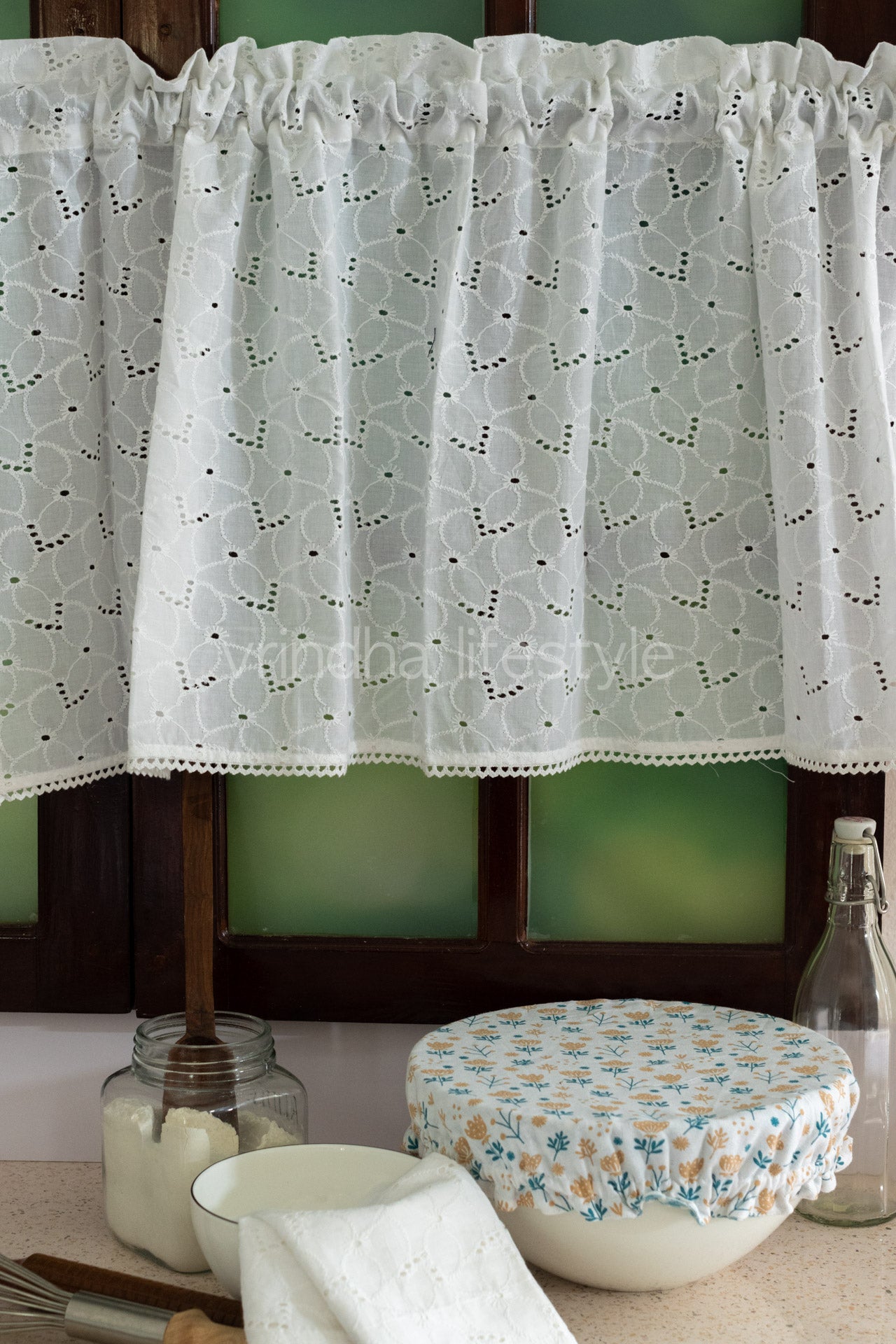 KITCHEN VALANCE-Cotton Hakoba with lace detailing (customisable )