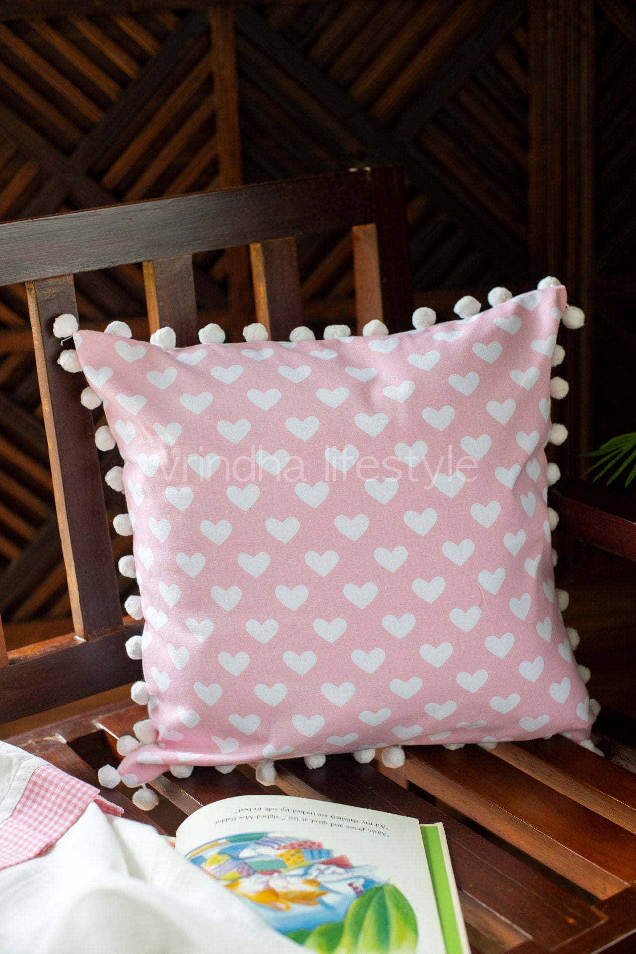 PRINTED COTTON CUSHION COVER with pompom-Single Unit
