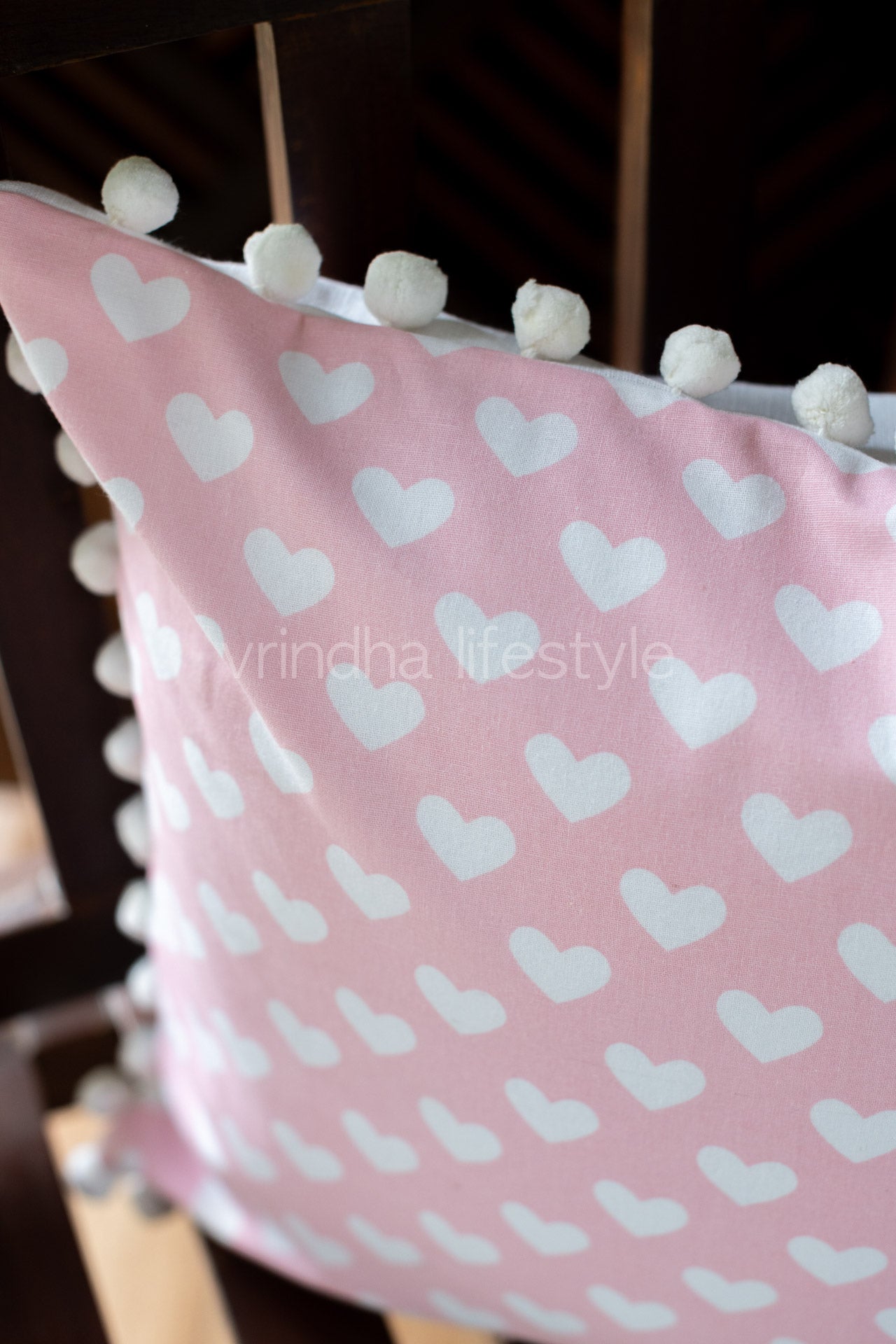 PRINTED COTTON CUSHION COVER with pompom-Single Unit