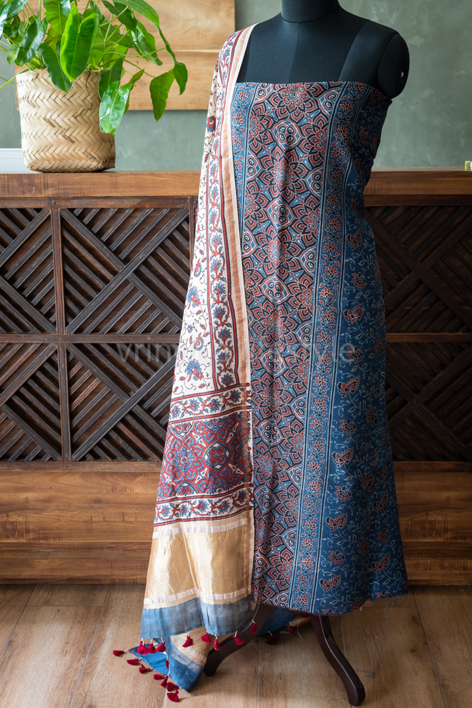 CHANDERI SILK ,NATURAL AJRAK PRINT TOP WITH CHANDERI SILK DUPATTA-2 pcs set