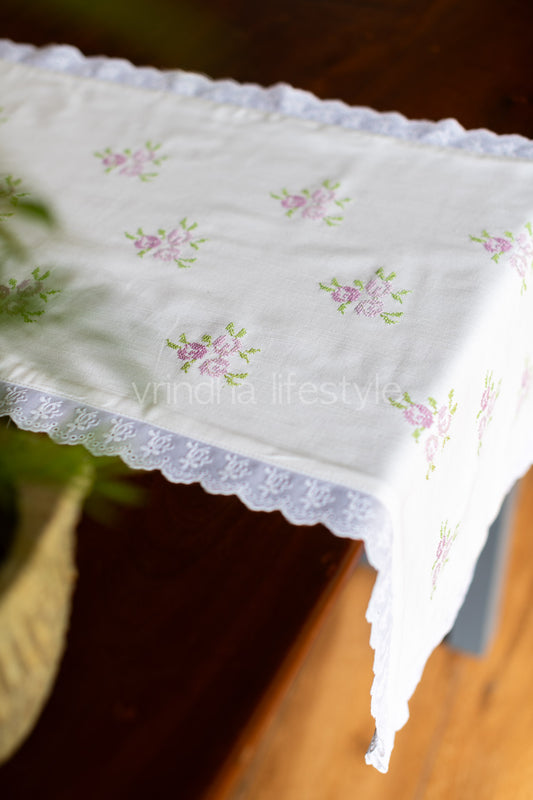 Cotton slub table runner with cross stitch embroidery and lace detailing- 16x50 inches-customisable