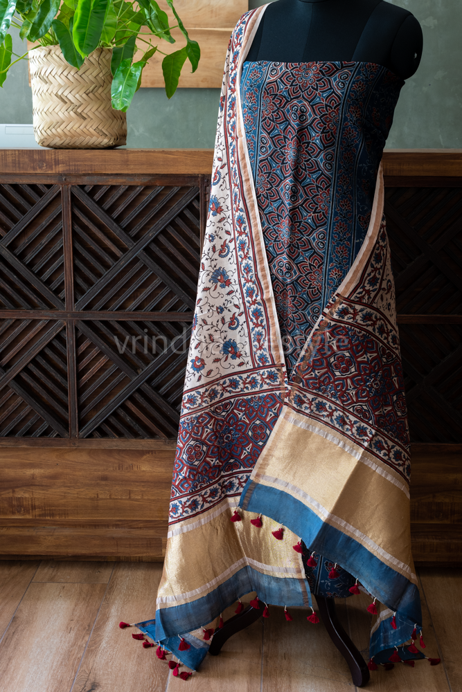 CHANDERI SILK ,NATURAL AJRAK PRINT TOP WITH CHANDERI SILK DUPATTA-2 pcs set