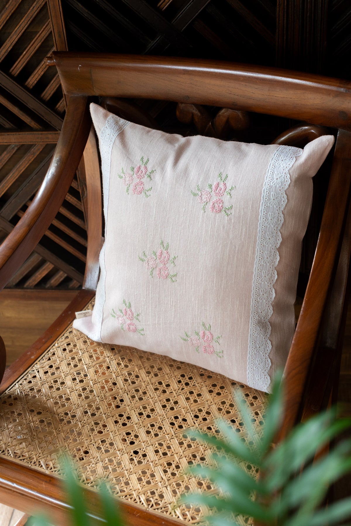 Cotton  cushion cover with cross stitch embroidery and lace detailing-Single unit- 16x16 inches-customisable