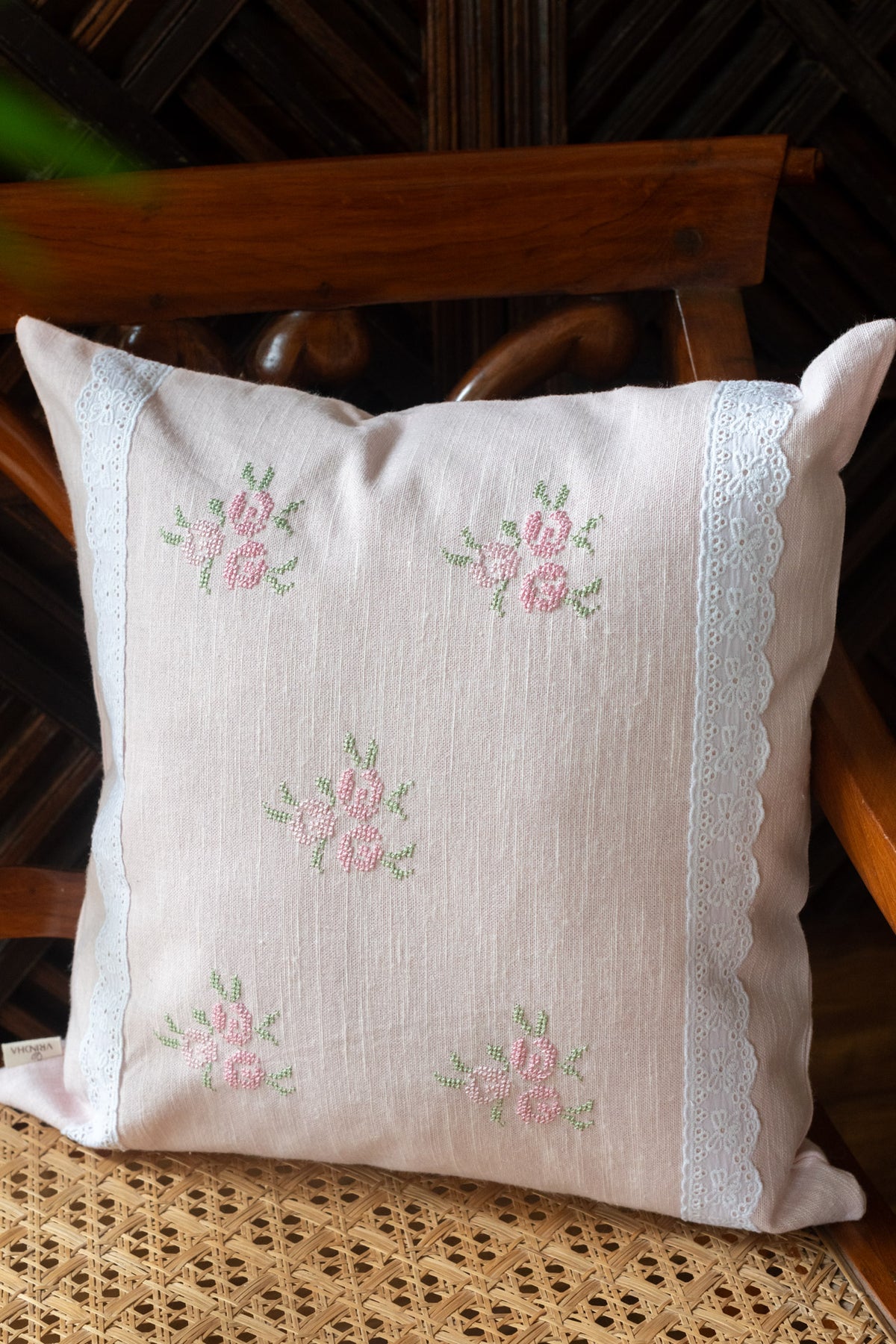 Cotton  cushion cover with cross stitch embroidery and lace detailing-Single unit- 16x16 inches-customisable