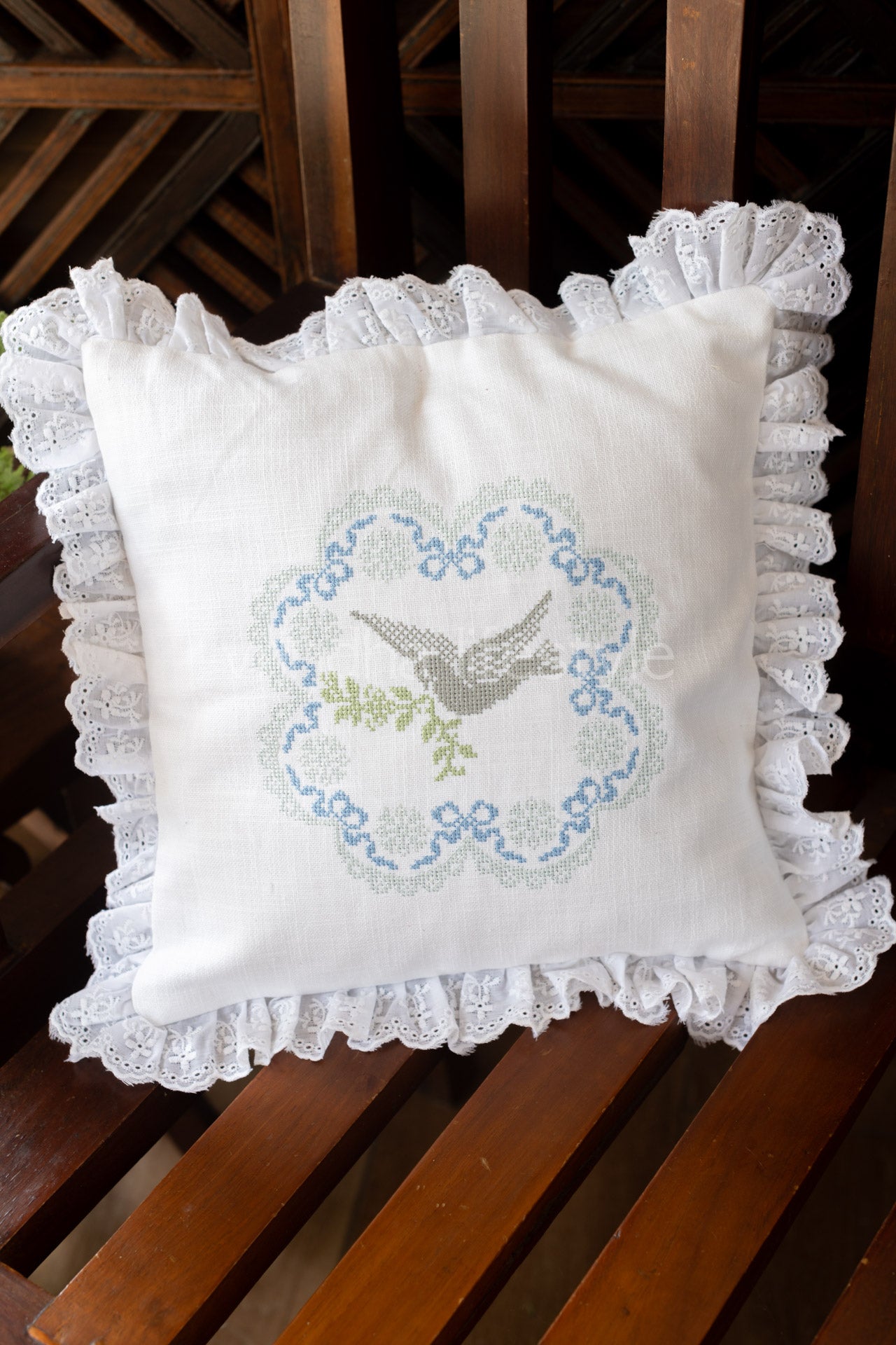 Cotton cushion cover with cross stitch embroidery and lace detailing -Single unit- 12x12 inches( Customisable)