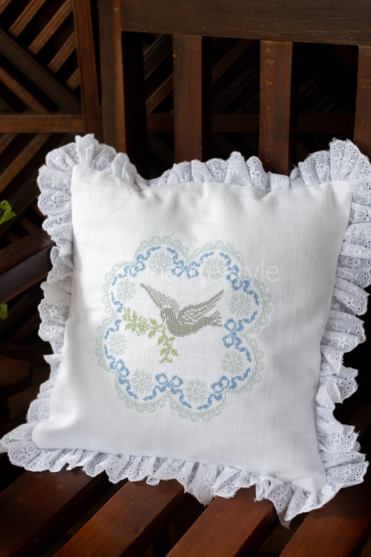 Cotton cushion cover with cross stitch embroidery and lace detailing -Single unit- 12x12 inches( Customisable)