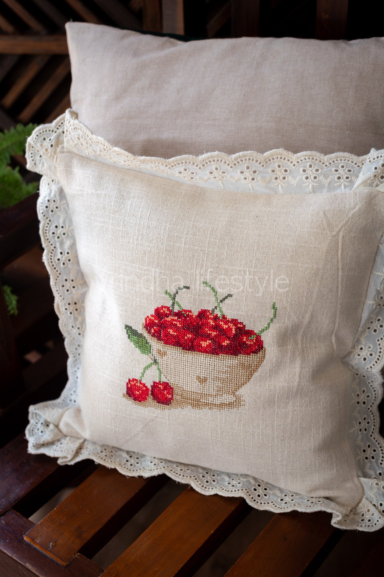 cotton cushion cover with cross stitch  embroidery and lace detailing -Single unit- 12x12 inches( Customisable)