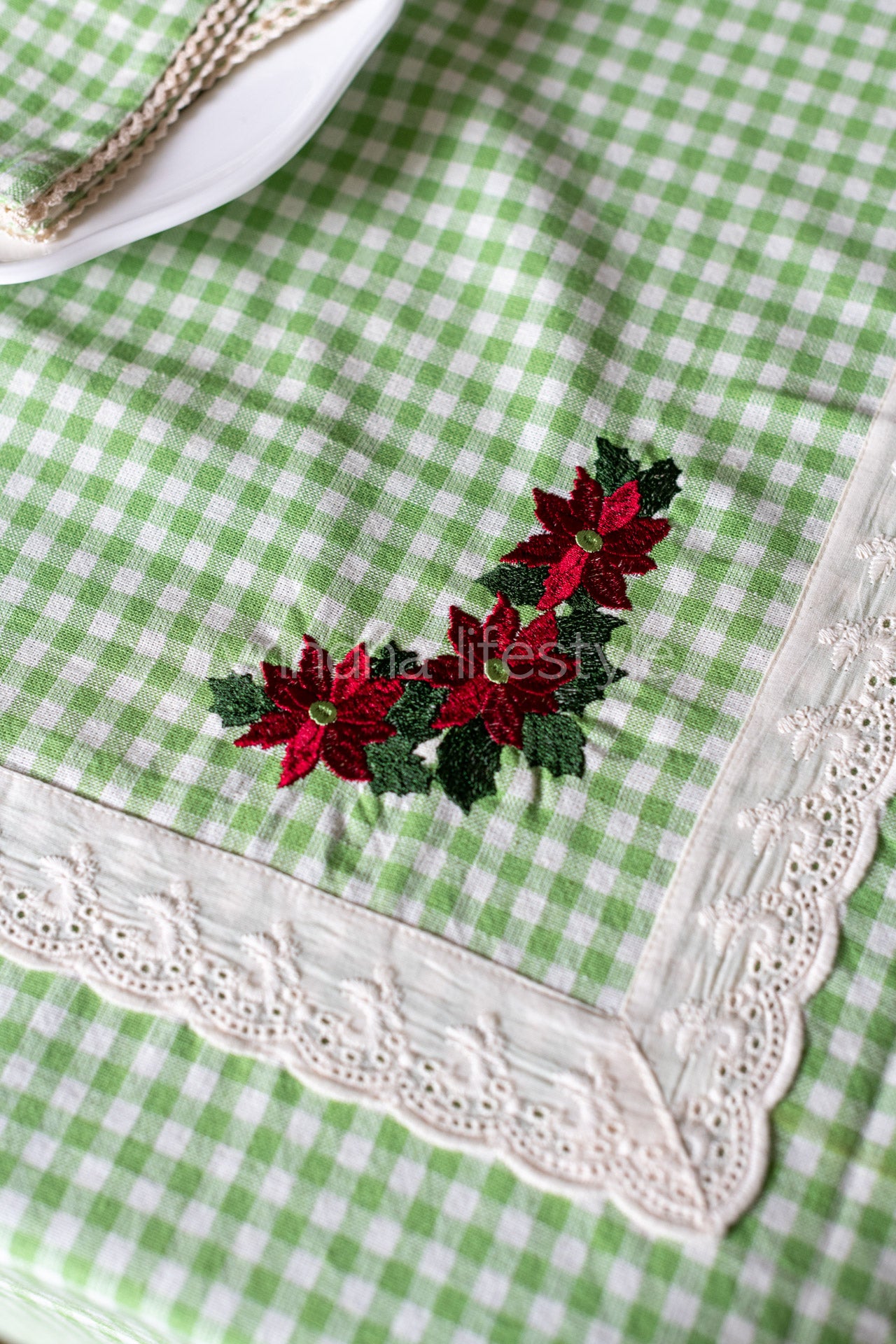 COTTON TABLE CLOTH, checks with lace detailing -6 seater-customisable