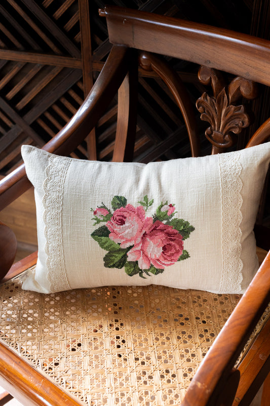Cotton pre-filled cushion cover with cross stitch embroidery and lace detailing -12x18 inches-single unit