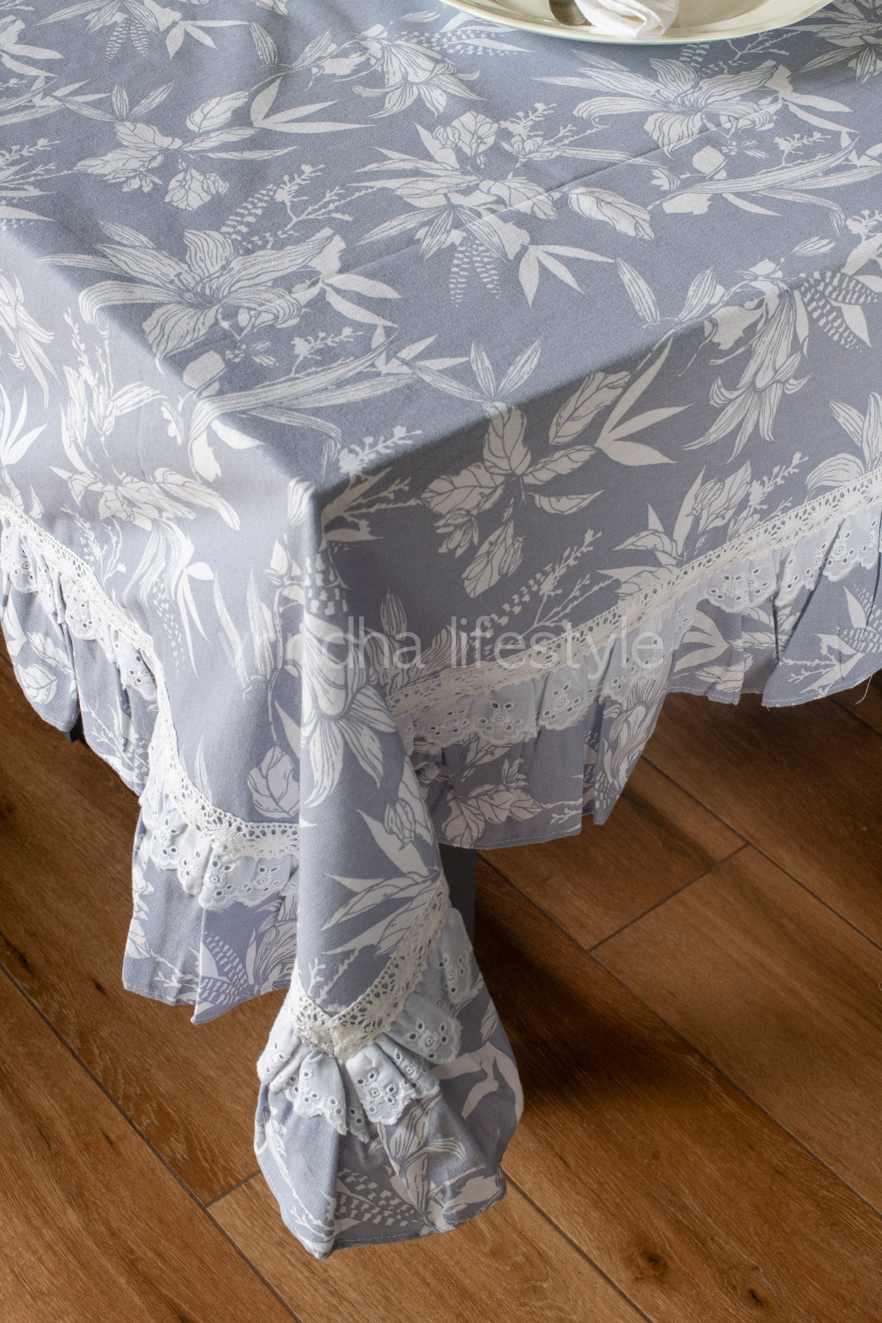 Cotton floral print table cloth with lace detailing-8 seater