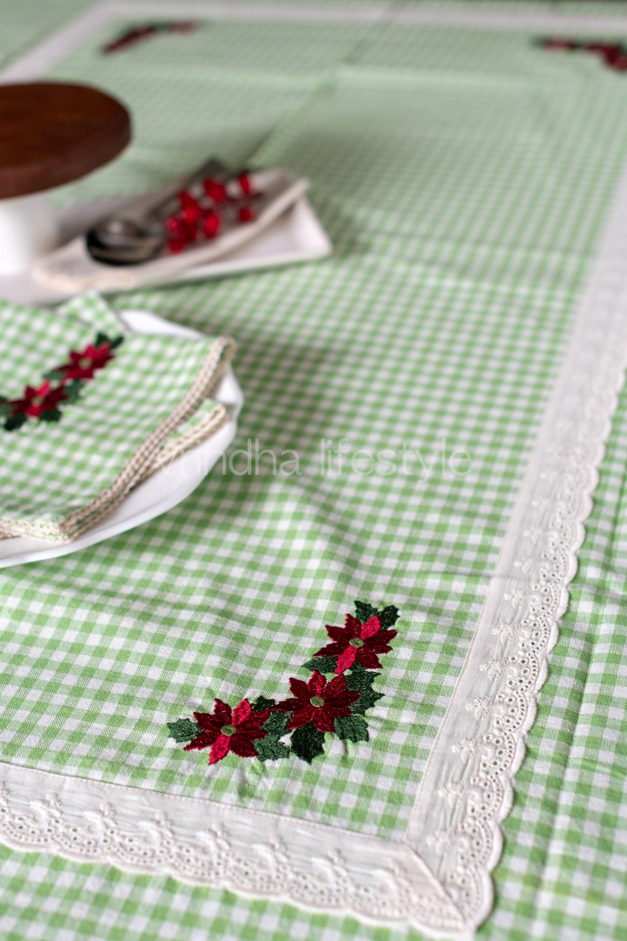 COTTON TABLE CLOTH, checks with lace detailing -6 seater-customisable