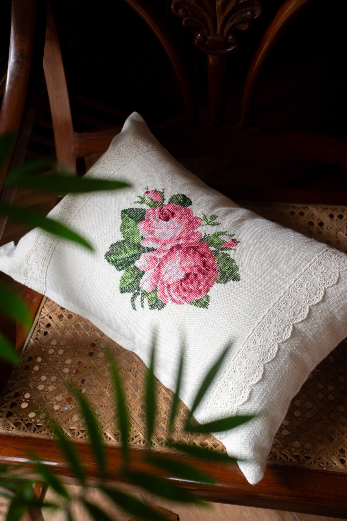 Cotton pre-filled cushion cover with cross stitch embroidery and lace detailing -12x18 inches-single unit