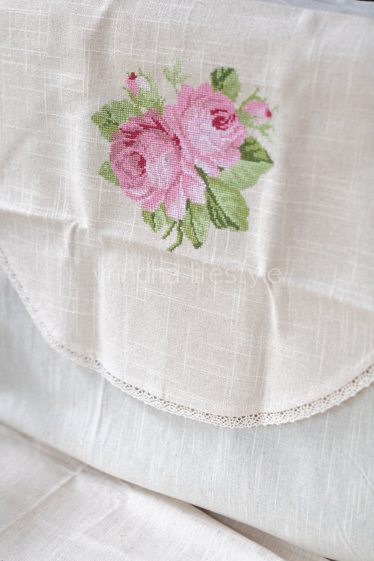 PREMIUM SOFA BACK COVER-with cross stitch embroidery and lace detailing -Single unit