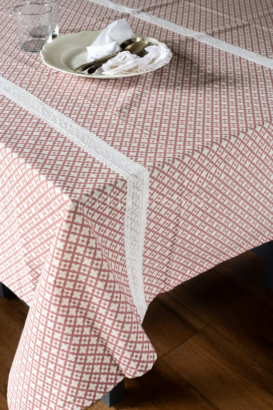 Cotton printed table cloth with lace detailing-6/8 seater