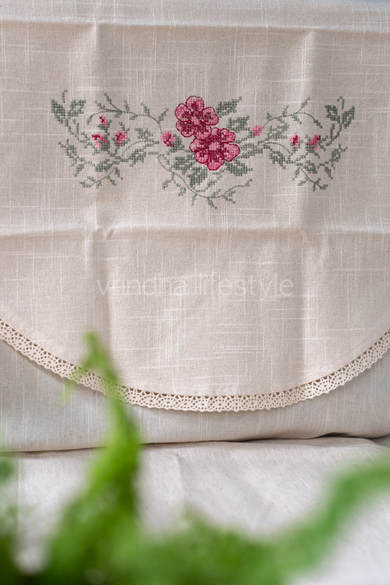 PREMIUM SOFA BACK COVER-with cross stitch embroidery and lace detailing -Single unit