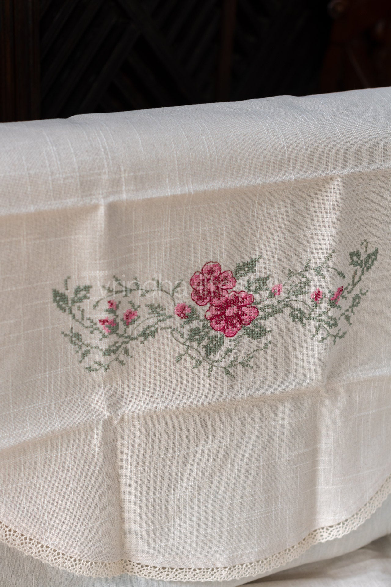 PREMIUM SOFA BACK COVER-with cross stitch embroidery and lace detailing -Single unit