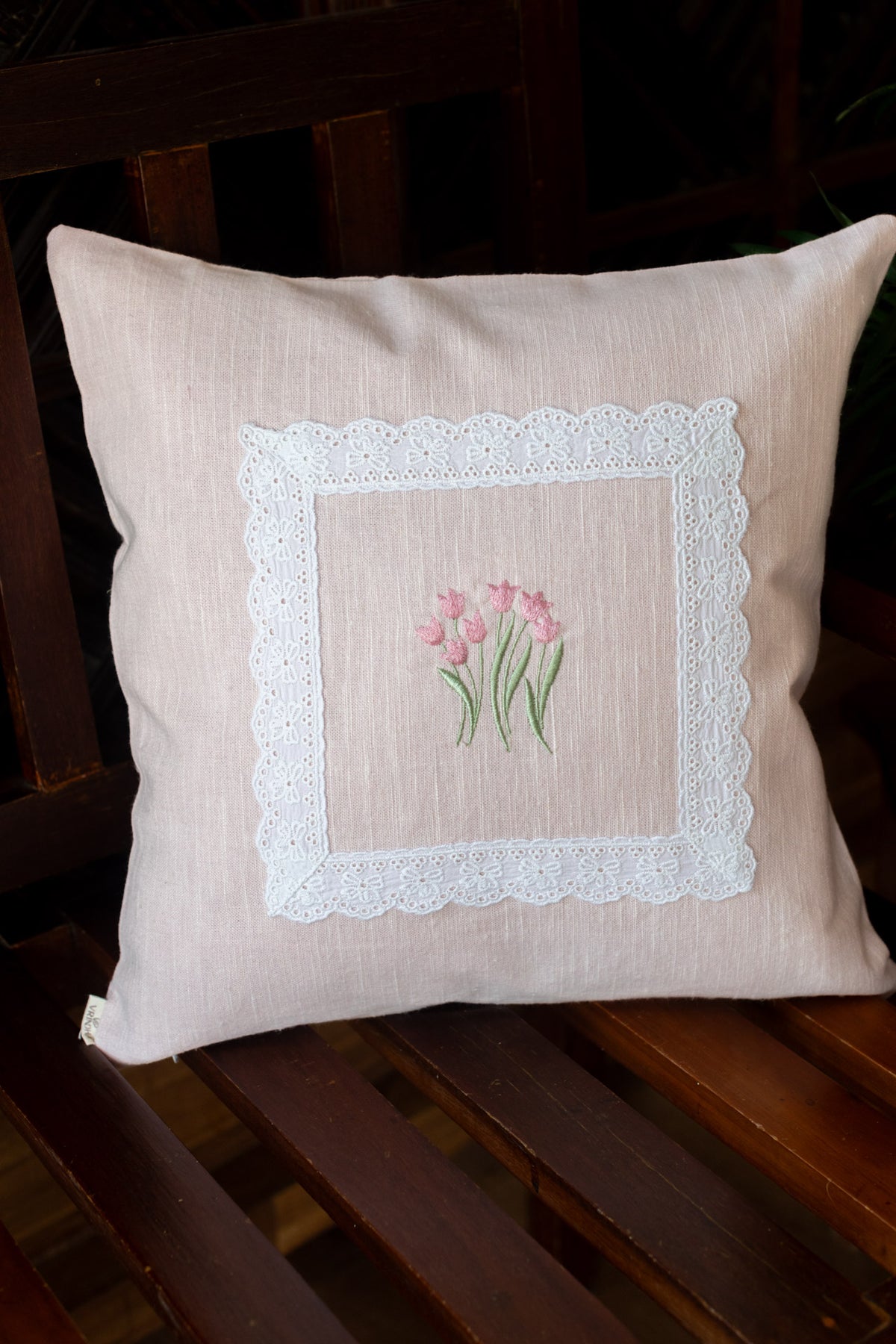 Cotton cushion cover with embroidery and lace detailing -Single unit- 16x16 inches( Customisable)