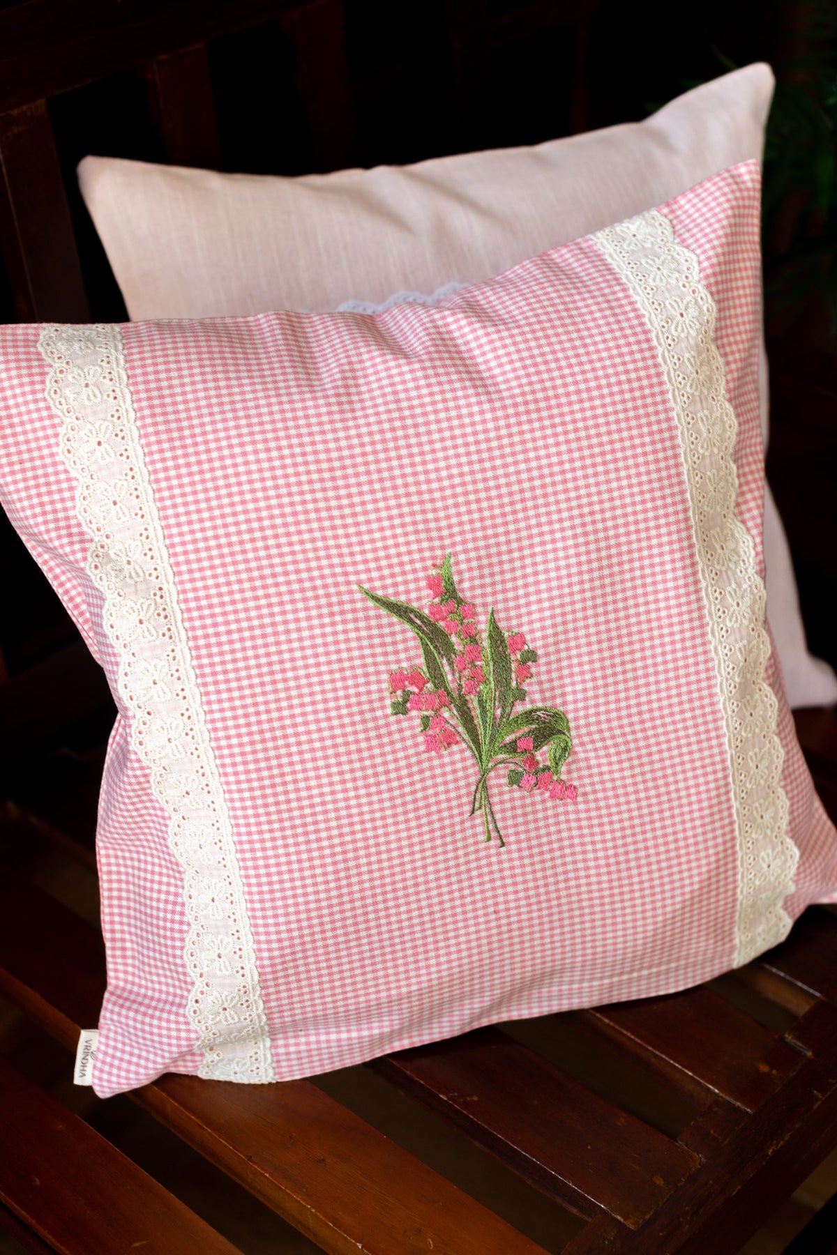 Gingham cushion cover with embroidery and lace detailing-Single unit- 16x16 inches-customisable