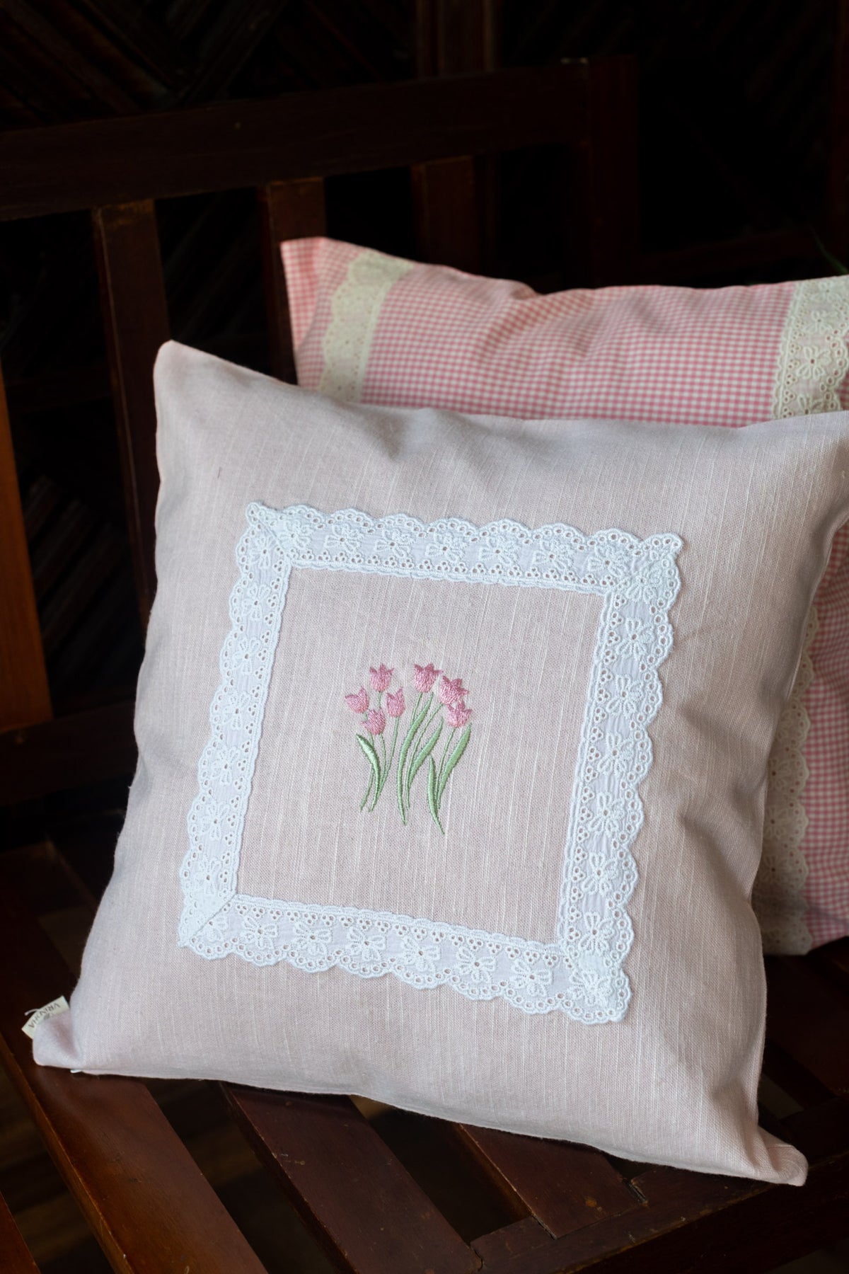 Gingham cushion cover with embroidery and lace detailing-Single unit- 16x16 inches-customisable
