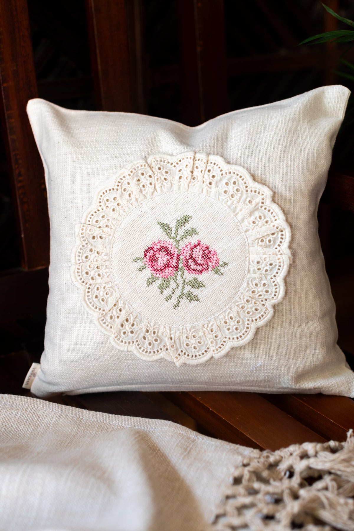 cotton cushion cover with cross stitch embroidery and lace detailing -Single unit- 12x12 inches( Customisable)
