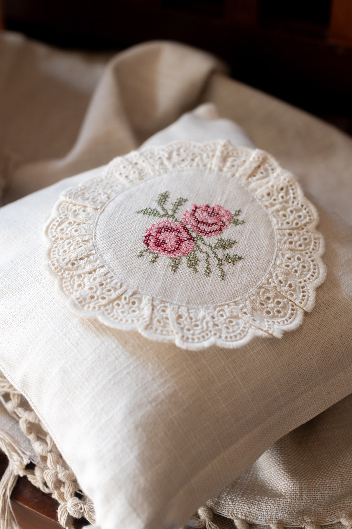 cotton cushion cover with cross stitch embroidery and lace detailing -Single unit- 12x12 inches( Customisable)