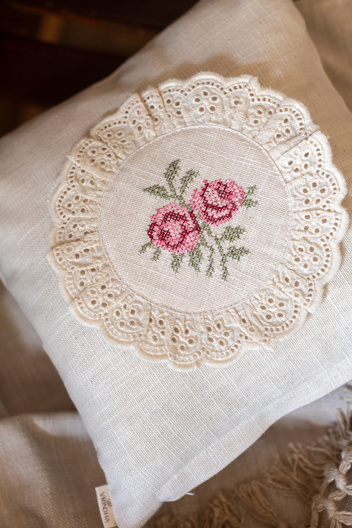 cotton cushion cover with cross stitch embroidery and lace detailing -Single unit- 12x12 inches( Customisable)