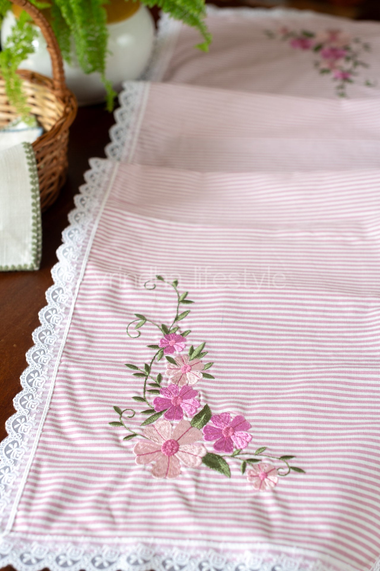 Cotton table runner with embroidery and lace detailing- 14x60 inches