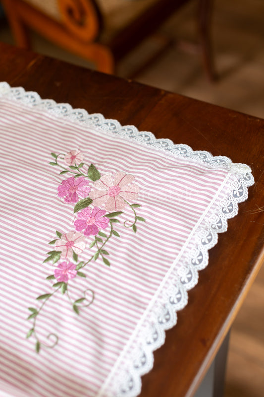 Cotton table runner with embroidery and lace detailing- 14x60 inches