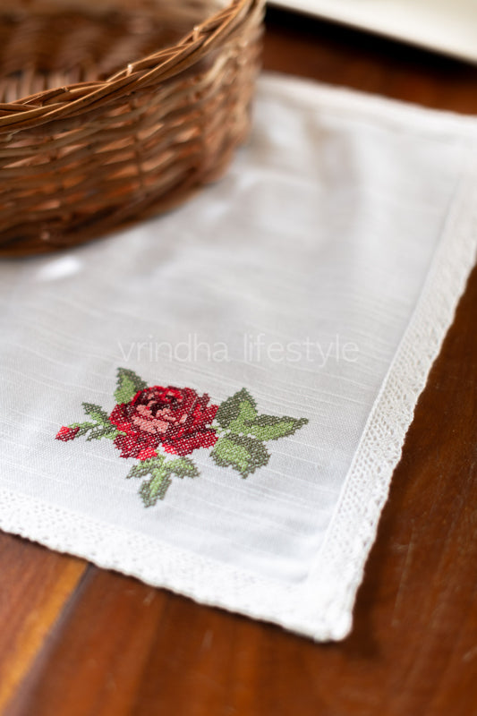 Cotton slub tray mat with floral embroidery and lace detailing-single unit