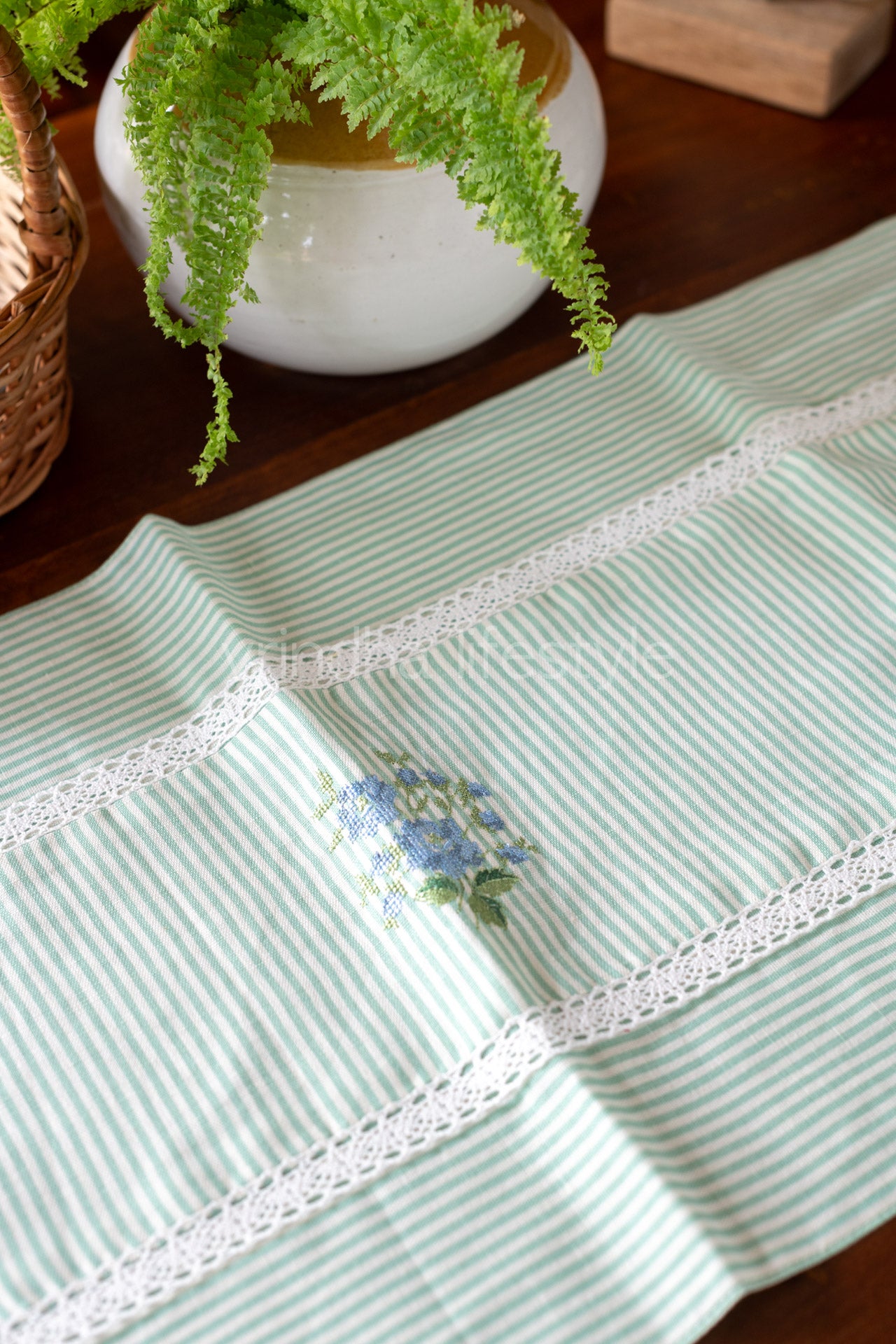 Cotton coffeetable runner with embroidery and lace detailing- 13x30inches