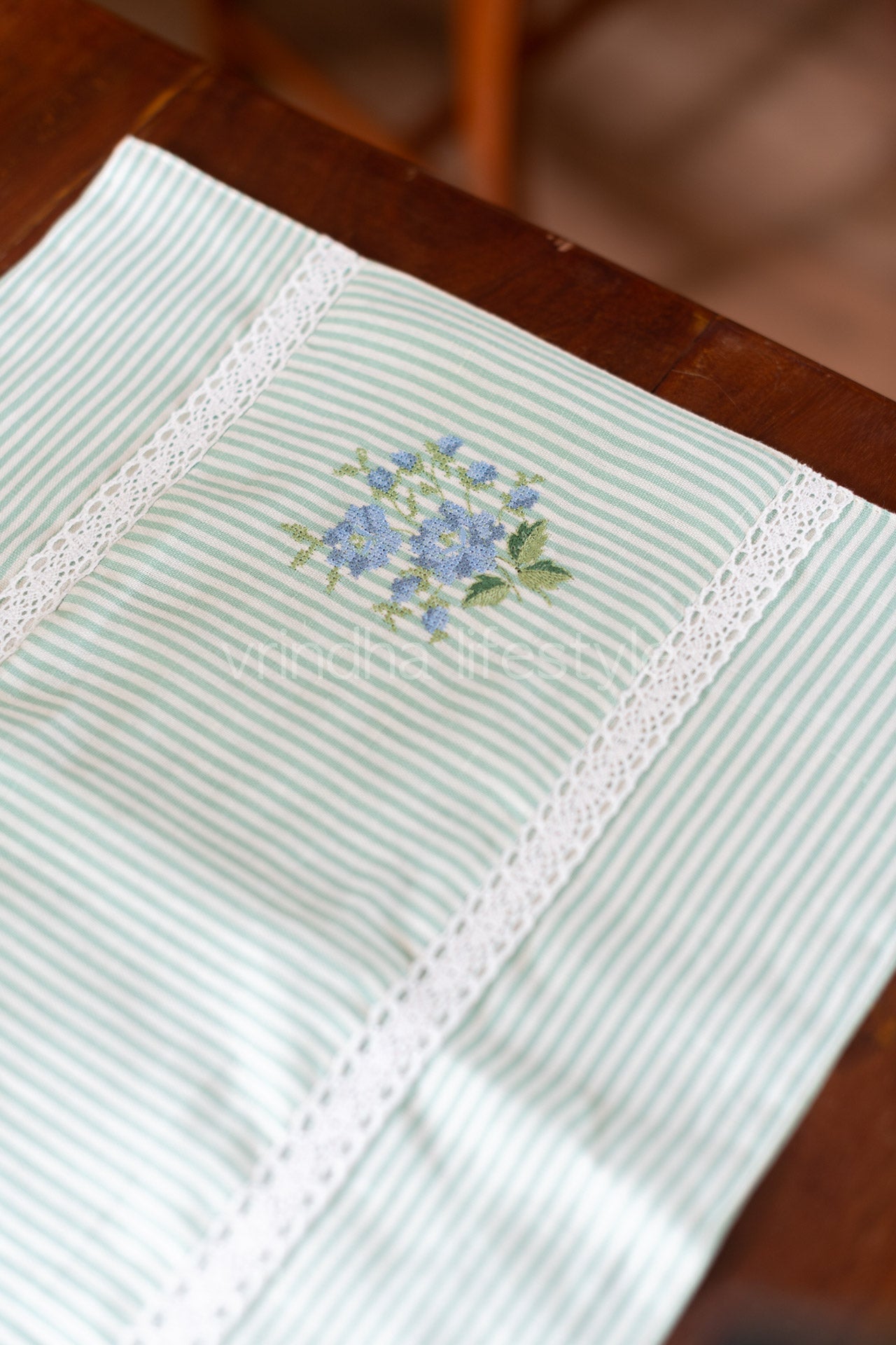 Cotton coffeetable runner with embroidery and lace detailing- 13x30inches