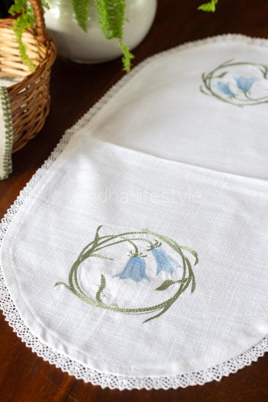 Cotton coffee table runner with embroidery and lace detailing- 13x30inches