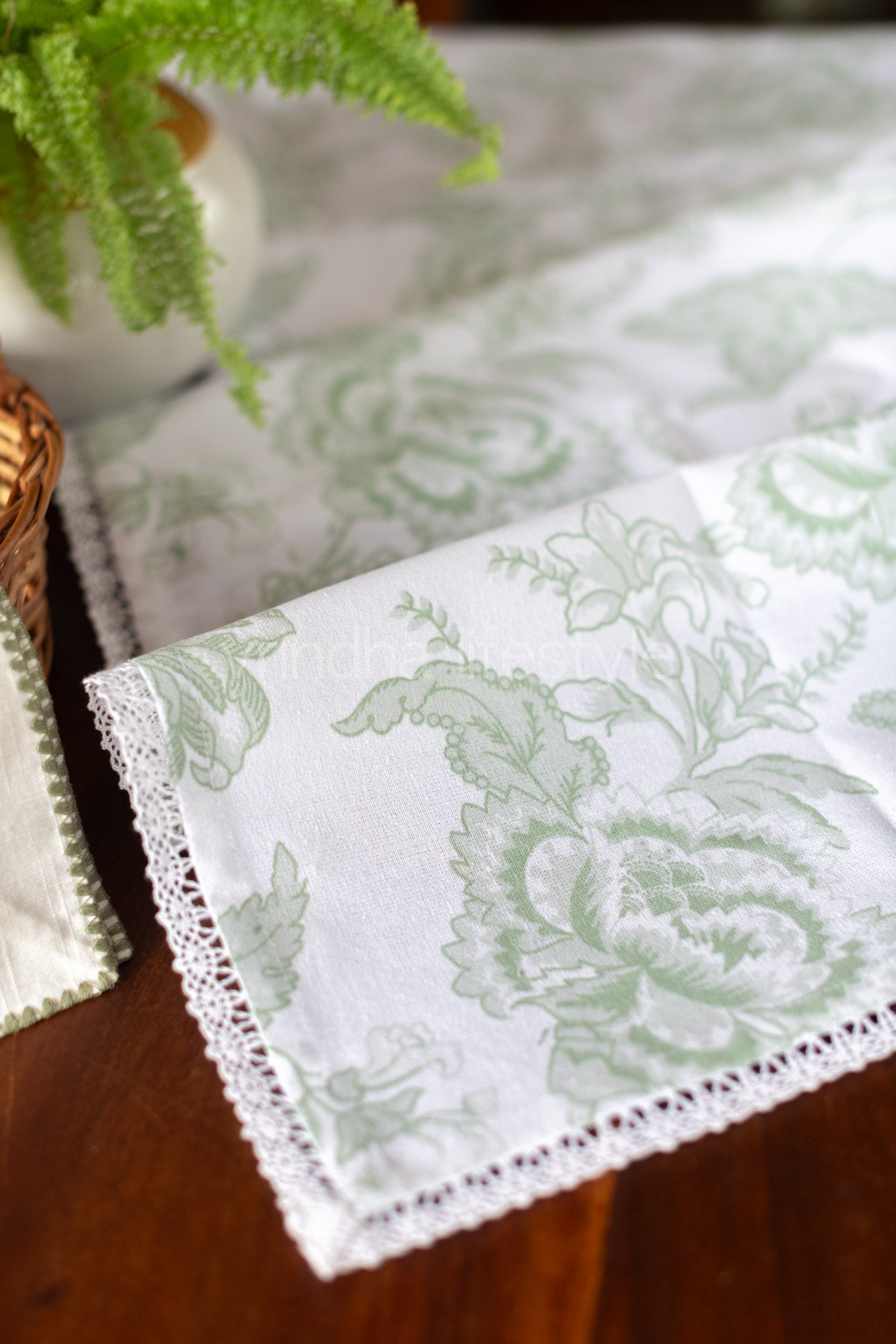 Printed cotton table runner with lace detailing-16x50 - inches