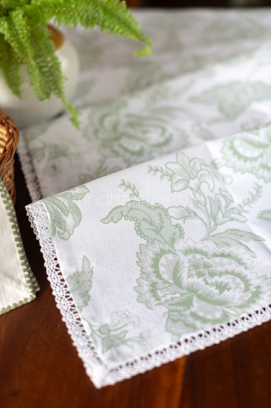 Printed cotton table runner with lace detailing-16x50 - inches