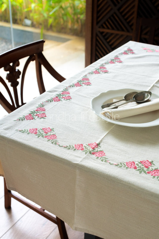 COTTON TABLE CLOTH with floral cross stitch embroidery -8/6 seater