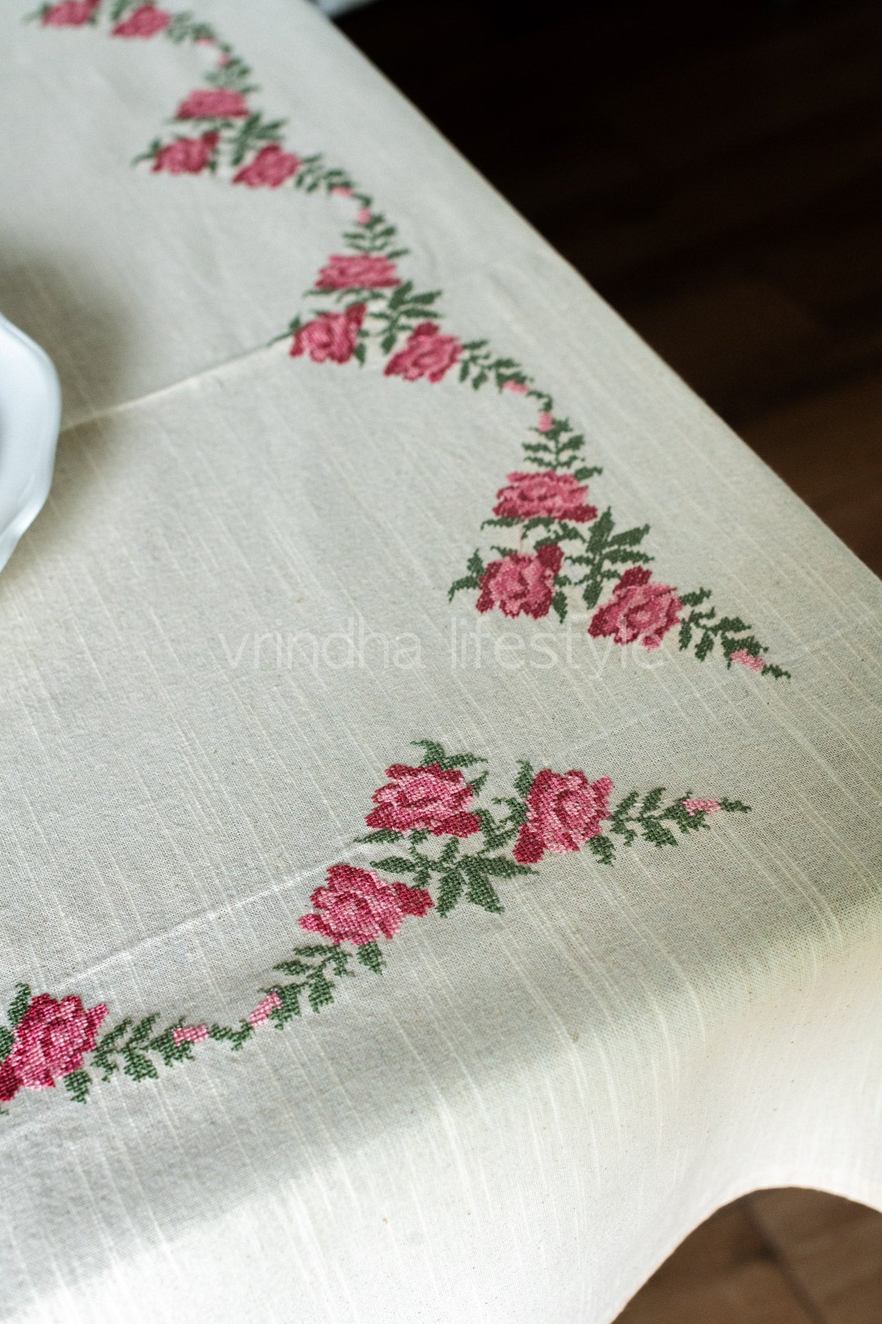 COTTON TABLE CLOTH with floral cross stitch embroidery -8/6 seater