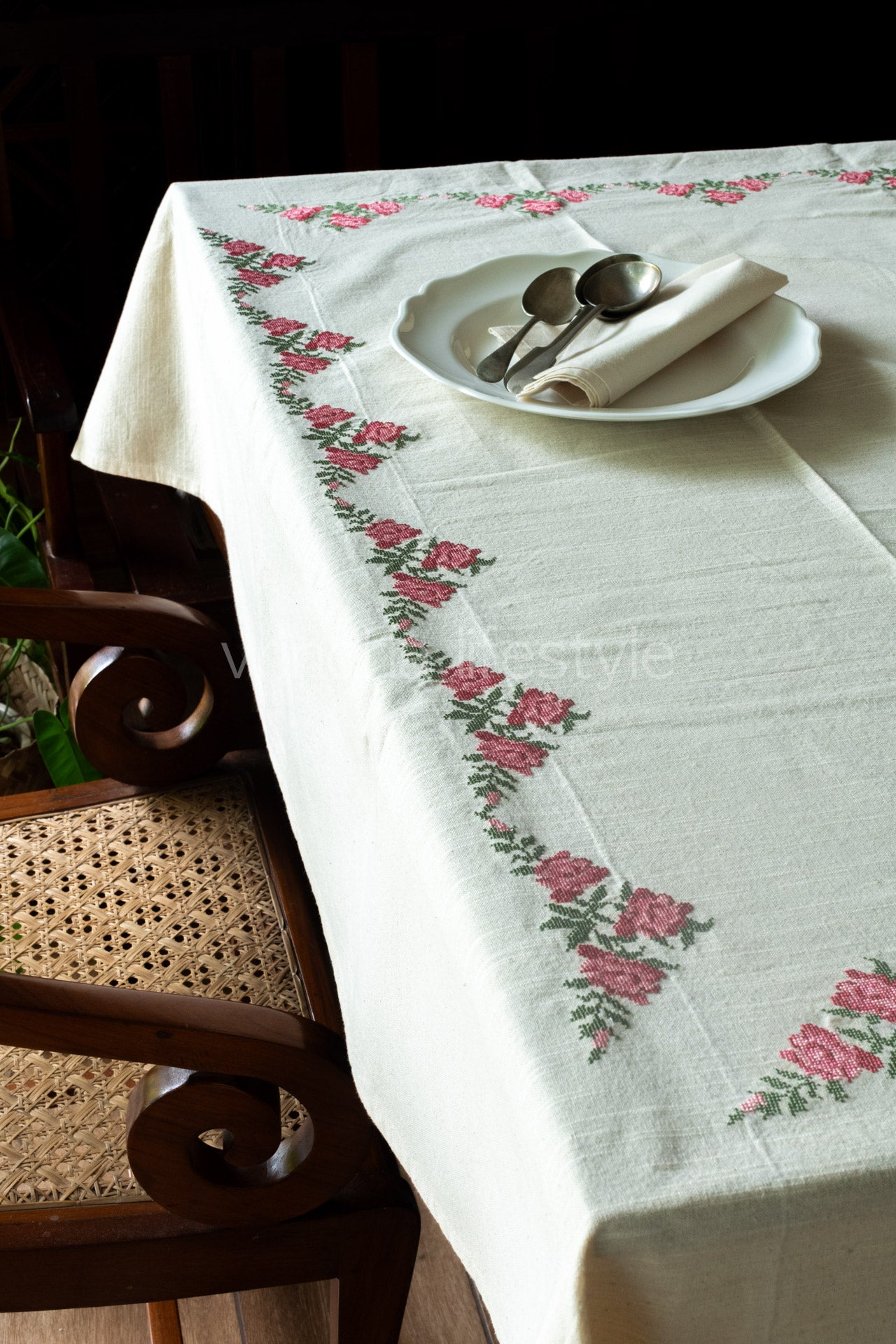 COTTON TABLE CLOTH with floral cross stitch embroidery -8/6 seater