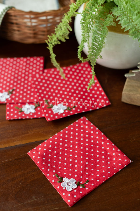 Cotton coasters with hand embroidery and lace detailing -set of 4