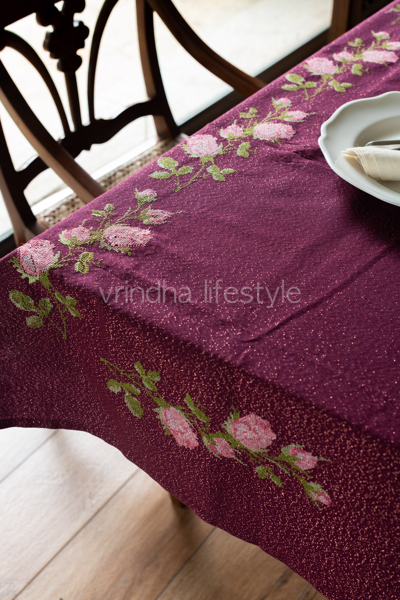 PREMIUM COTTON LUREX TABLE CLOTH with floral cross stitch embroidery -8seater